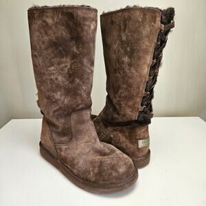 Ugg‎ Roseberry Suede Tall Boots Women's 9 Chocolate Brown Elastic Lace Up Back